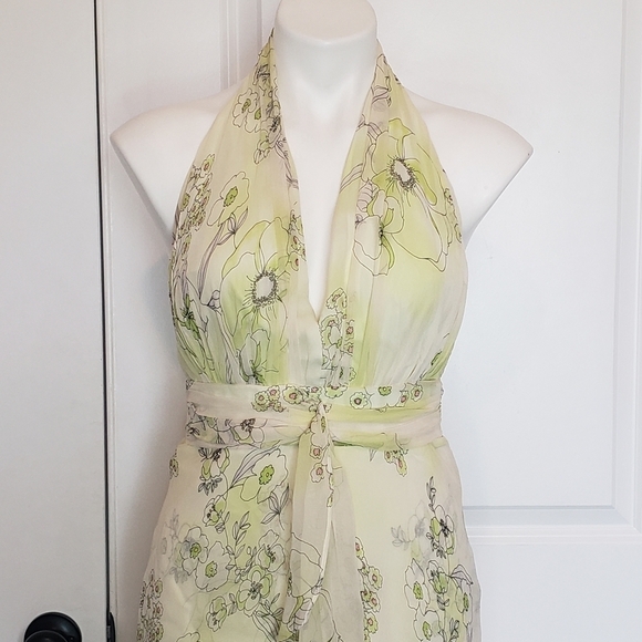 David Meister Yellow Green Silk Floral Halter Ruffle 90s Y2K Dress 4 - Picture 2 of 12